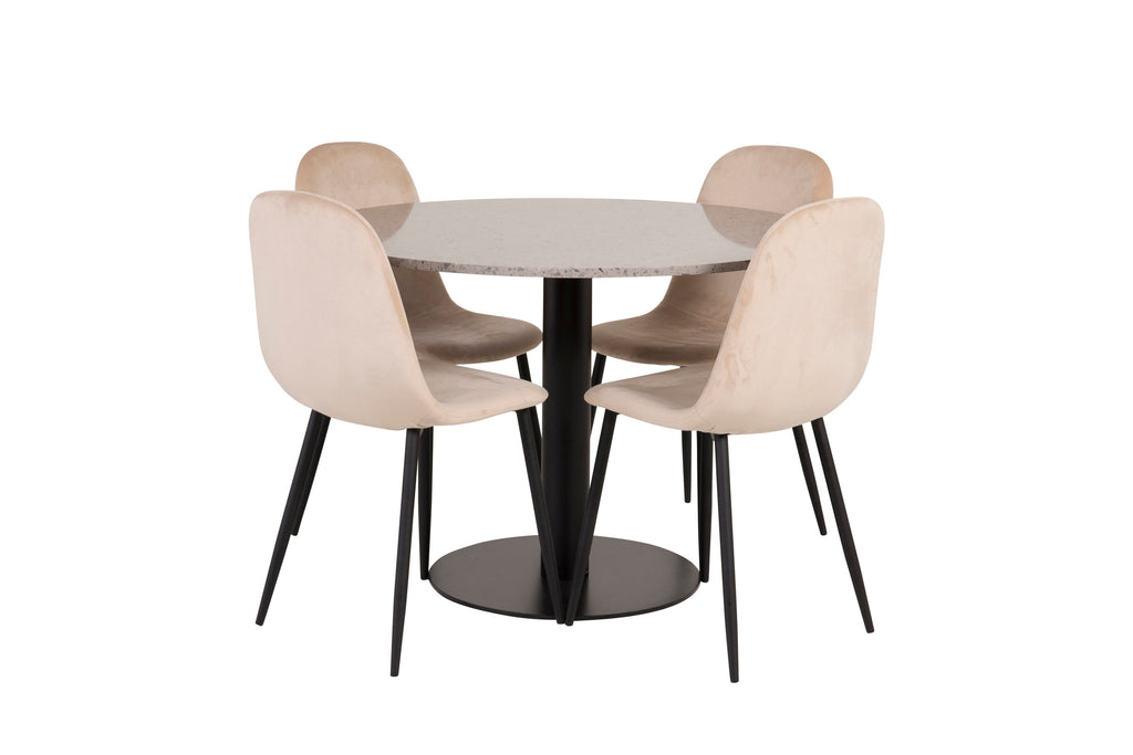 Razzia matbord 106cm grå terrazzo/svart med Polar matstol svarta ben/beige sammet 4