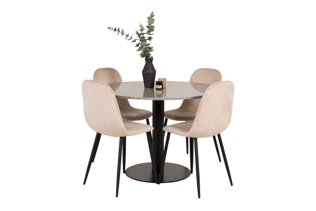 Razzia matbord 106cm grå terrazzo/svart med Polar matstol svarta ben/beige sammet 4