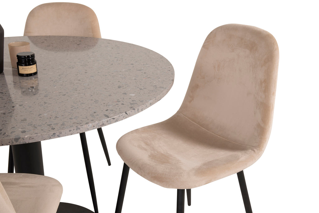 Razzia matbord 106cm grå terrazzo/svart med Polar matstol svarta ben/beige sammet 4