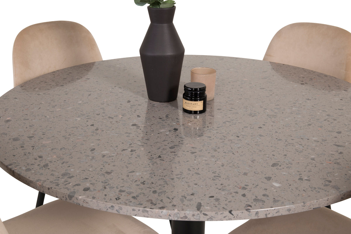 Razzia matbord 106cm grå terrazzo/svart med Polar matstol svarta ben/beige sammet 4
