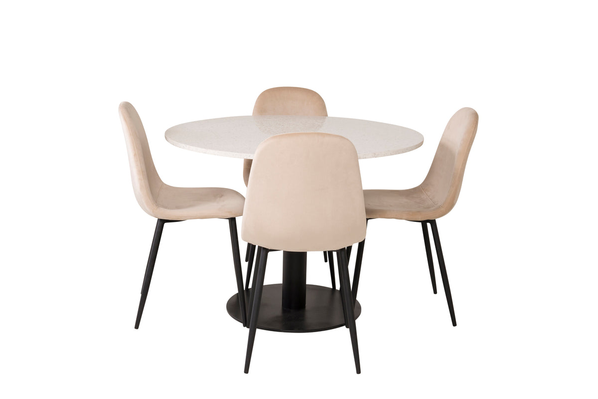 Razzia matbord 106cm vit terrazzo/svart med Polar matstol svarta ben/beige sammet 4