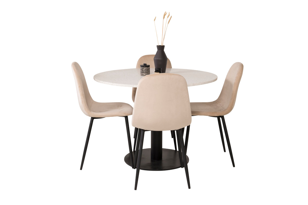 Razzia matbord 106cm vit terrazzo/svart med Polar matstol svarta ben/beige sammet 4