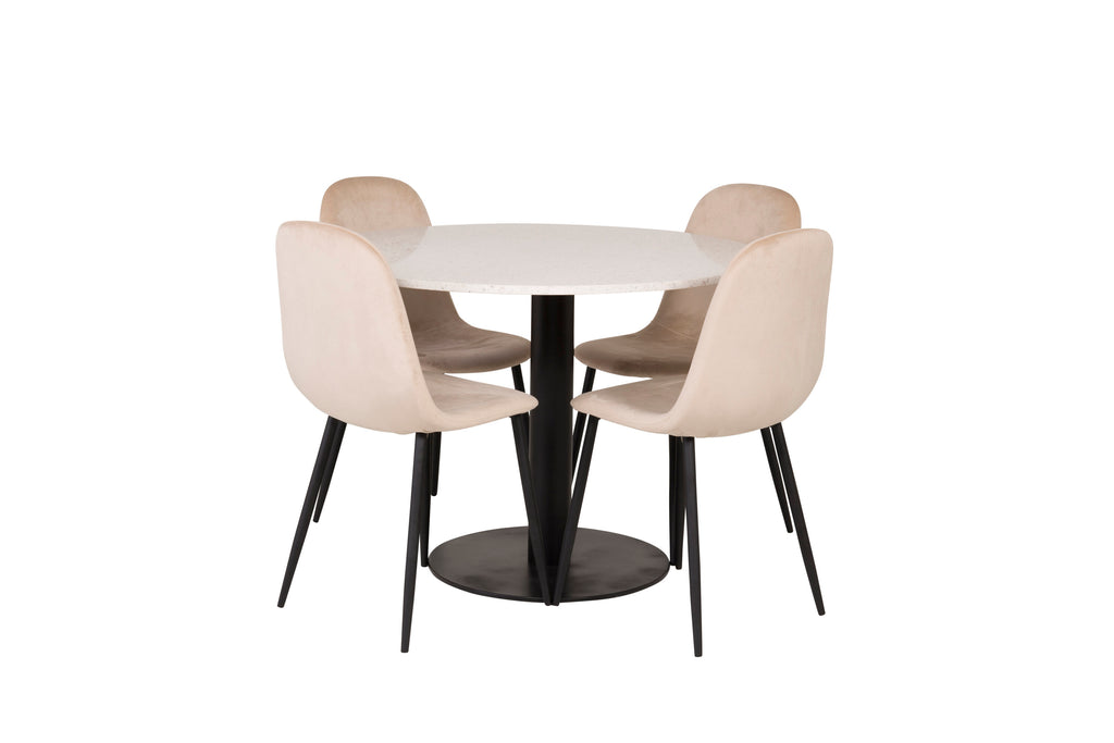 Razzia matbord 106cm vit terrazzo/svart med Polar matstol svarta ben/beige sammet 4