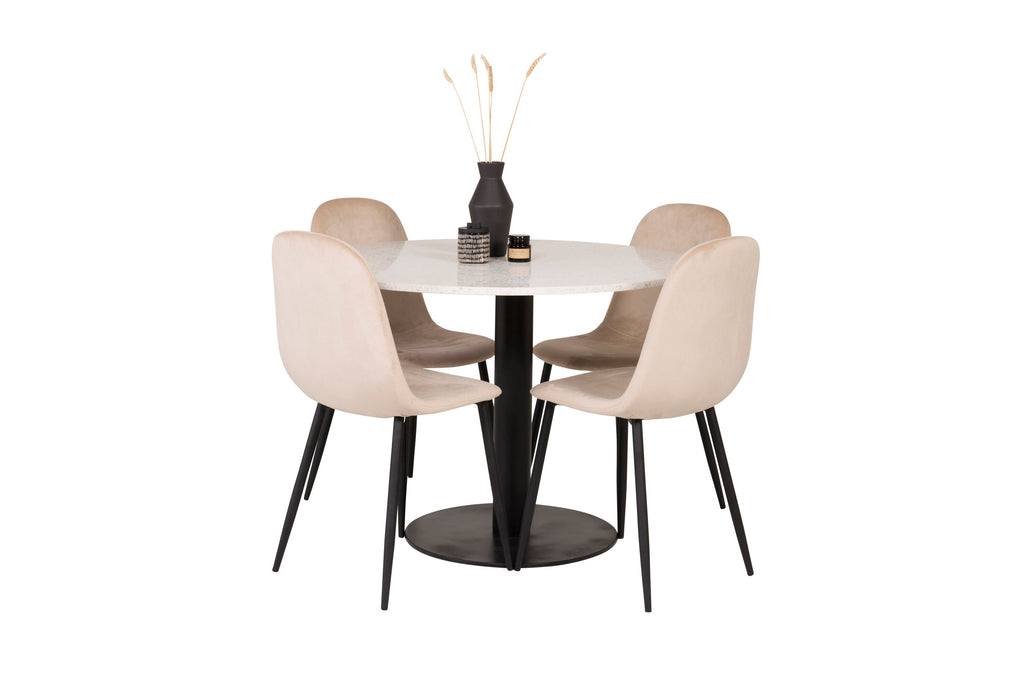 Razzia matbord 106cm vit terrazzo/svart med Polar matstol svarta ben/beige sammet 4