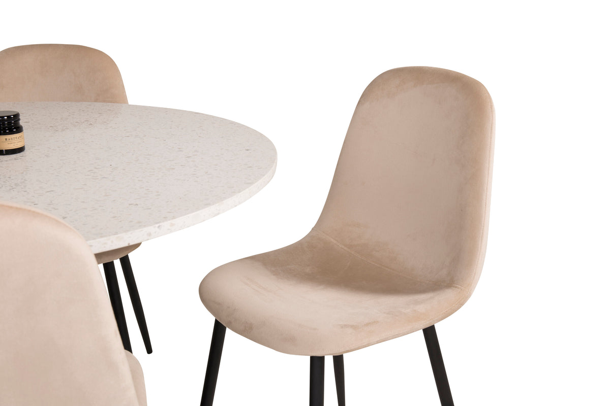 Razzia matbord 106cm vit terrazzo/svart med Polar matstol svarta ben/beige sammet 4