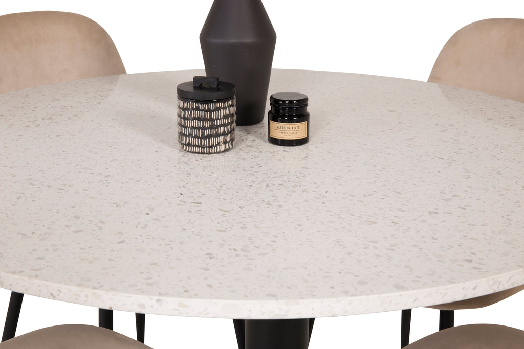 Razzia matbord 106cm vit terrazzo/svart med Polar matstol svarta ben/beige sammet 4