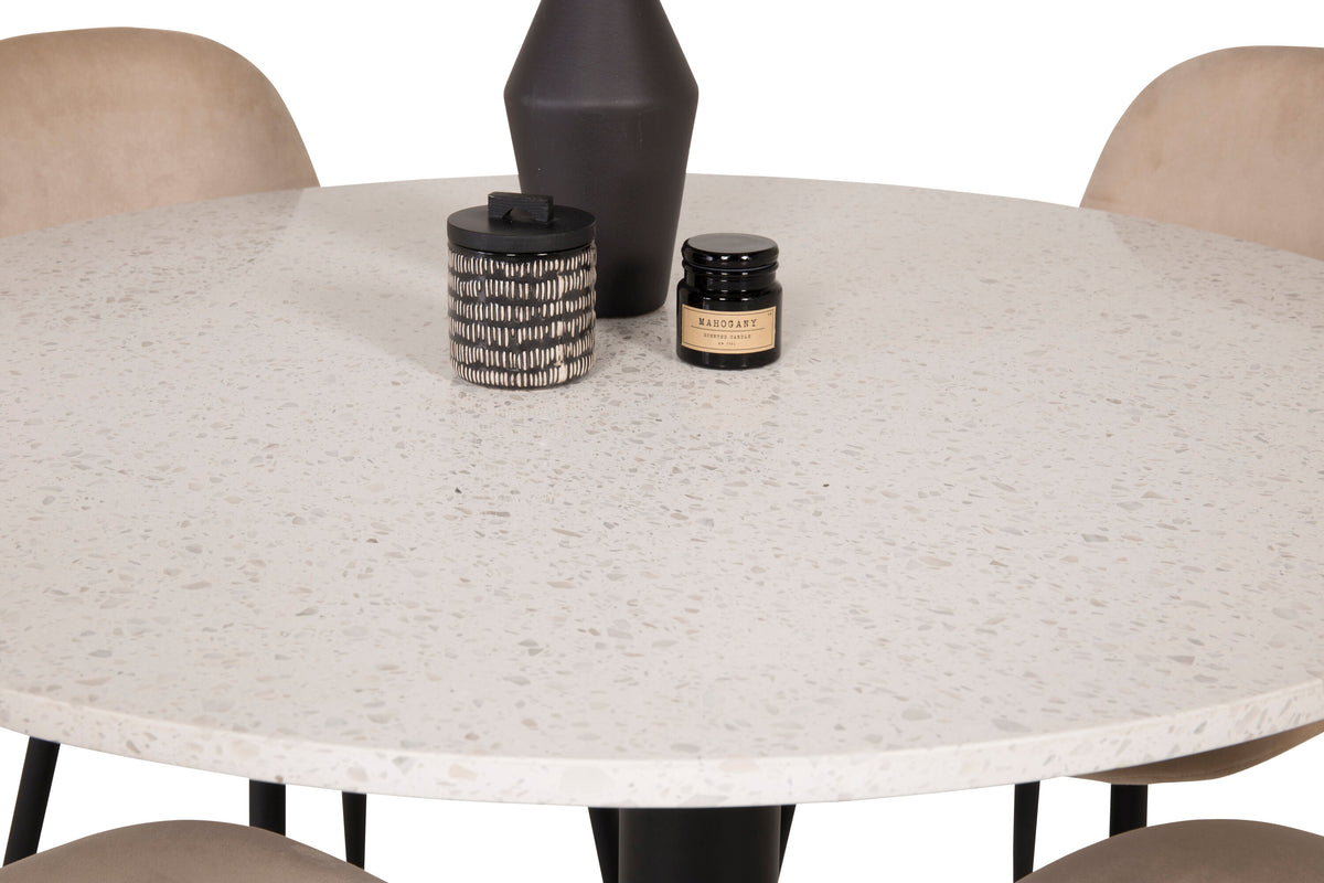 Razzia matbord 106cm vit terrazzo/svart med Polar matstol svarta ben/beige sammet 4