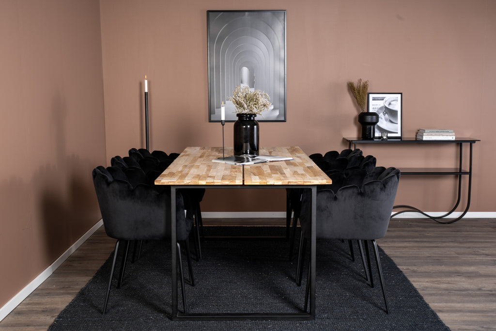 Cirebon matbord svart/naturträ 200*90*H75 med 6 Limhamn stolar svart sammet