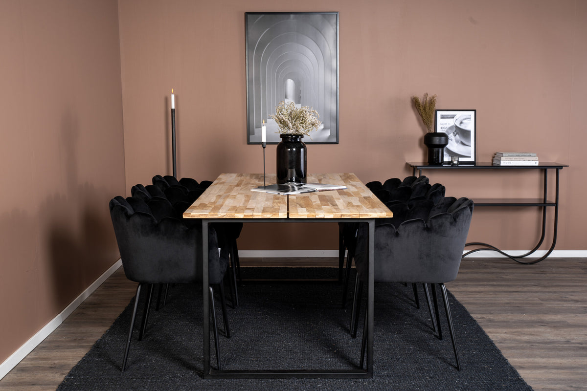Cirebon matbord svart/naturträ 200*90*H75 med 6 Limhamn stolar svart sammet