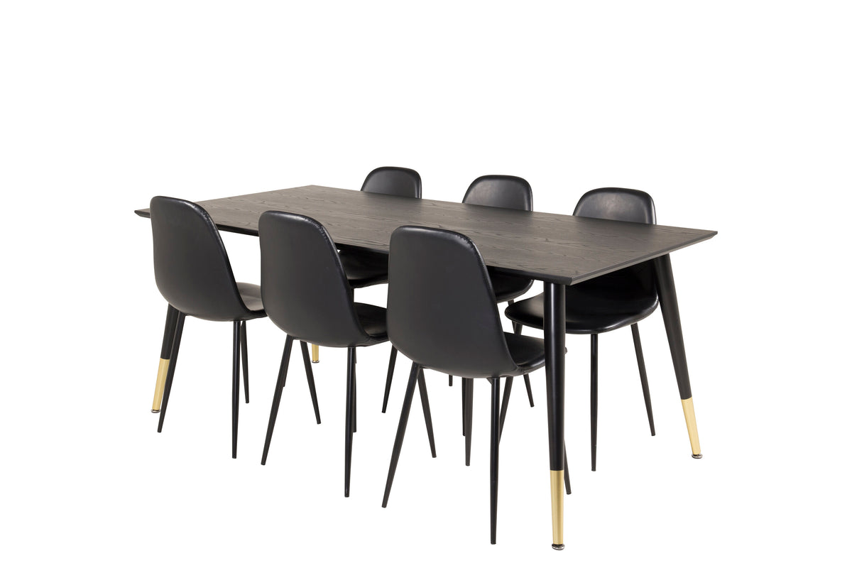 Dipp matbord svart faner/svarta ben med mässingsdetaljer 180x90cm med 6 Polar matstolar svart/svart PU