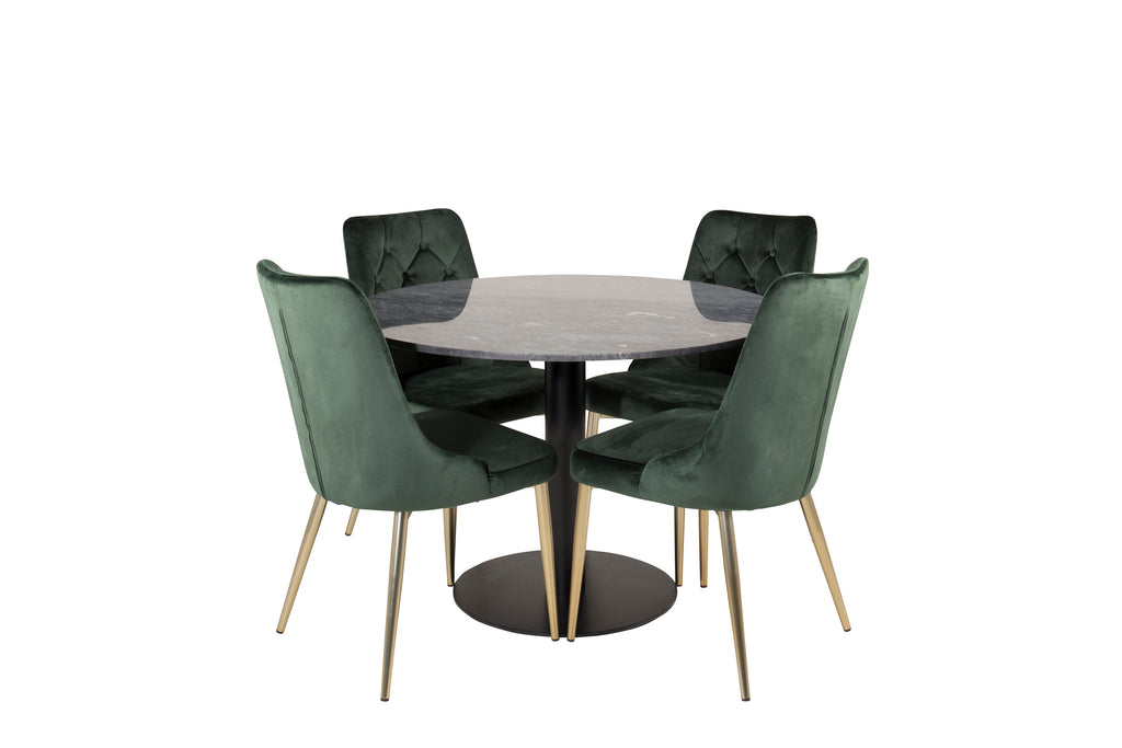 Estelle runt matbord svart/svart marmor ø106*H75 med 4 Velvet Lyx matstolar matt mässing/mossgrön sammet