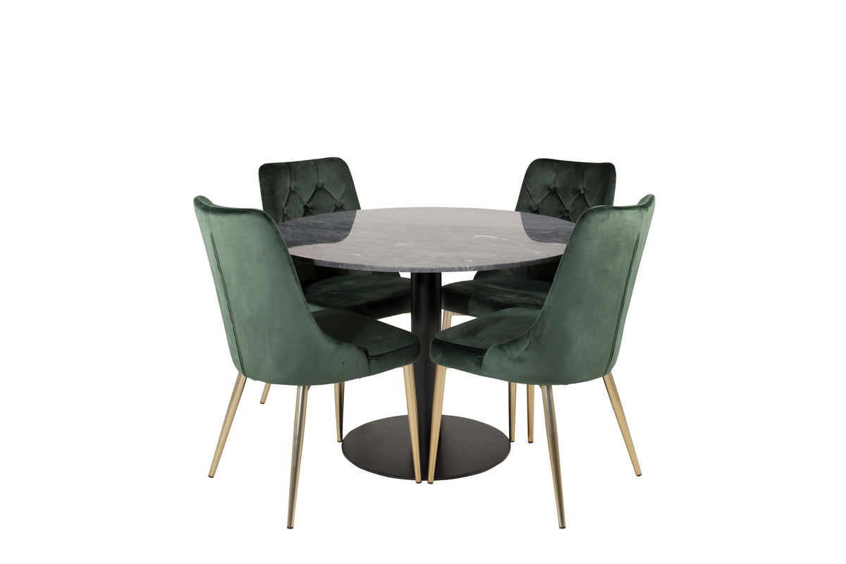 Estelle runt matbord svart/svart marmor ø106*H75 med 4 Velvet Lyx matstolar matt mässing/mossgrön sammet