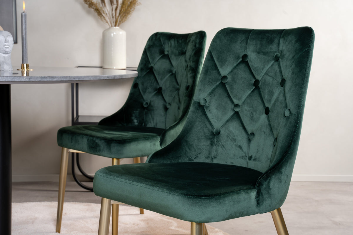Estelle runt matbord svart/svart marmor ø106*H75 med 4 Velvet Lyx matstolar matt mässing/mossgrön sammet