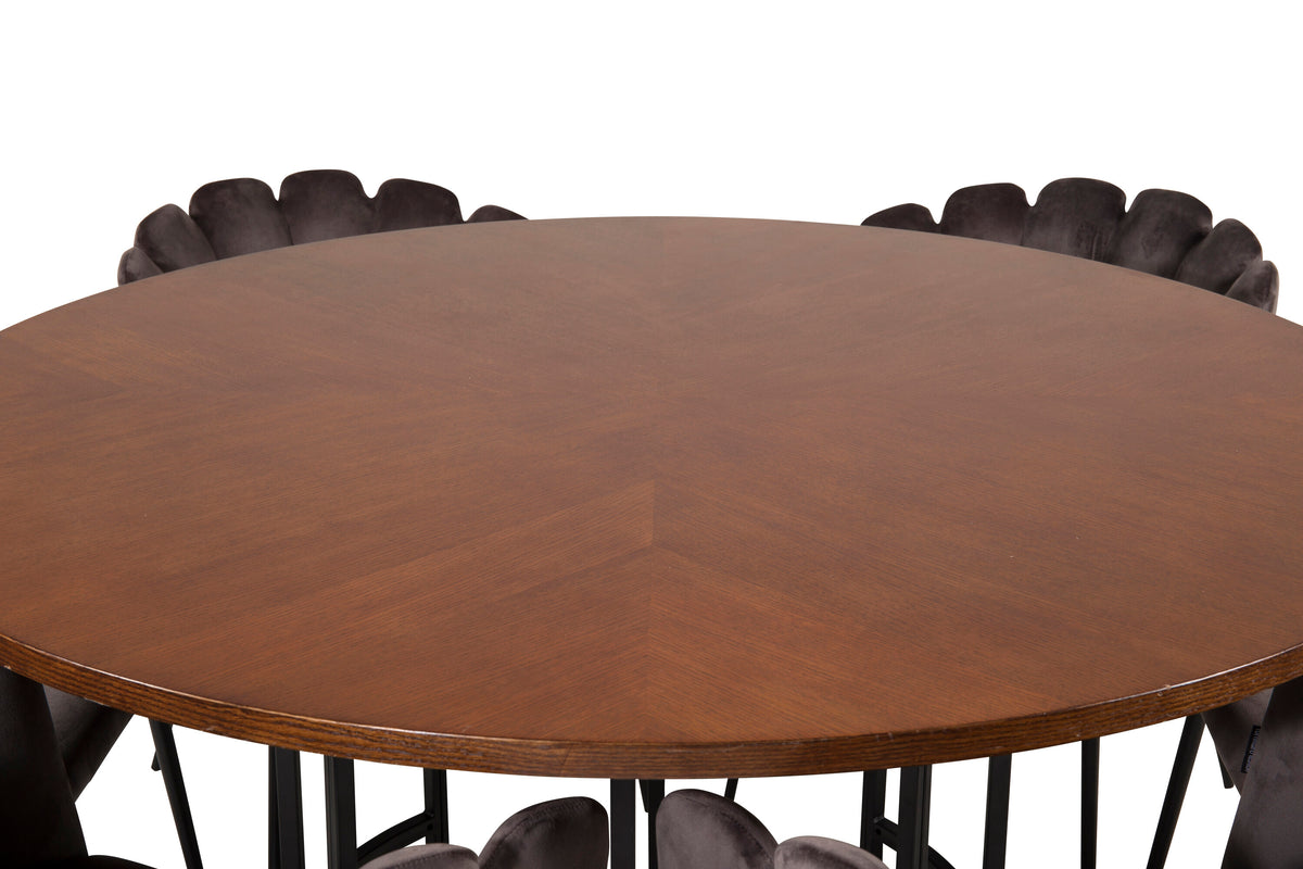 Copenhagen runt matbord brun/svart med 6 Limhamn stolar grå sammet
