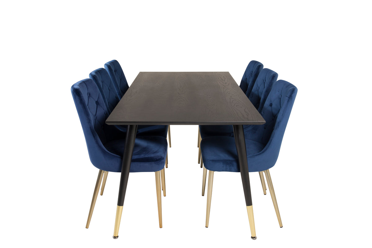 Dipp matbord 180x90 cm svart faner med svarta ben och mässing dipp med 6 Velvet Deluxe stolar blå/matt mässingsben