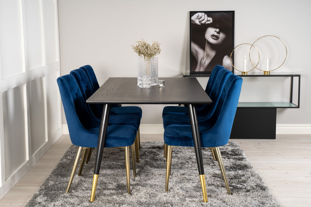 Dipp matbord 180x90 cm svart faner med svarta ben och mässing dipp med 6 Velvet Deluxe stolar blå/matt mässingsben