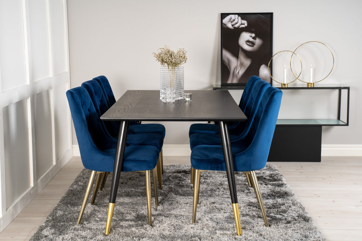 Dipp matbord 180x90 cm svart faner med svarta ben och mässing dipp med 6 Velvet Deluxe stolar blå/matt mässingsben
