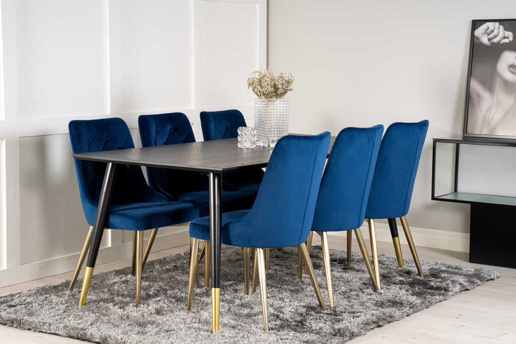 Dipp matbord 180x90 cm svart faner med svarta ben och mässing dipp med 6 Velvet Deluxe stolar blå/matt mässingsben
