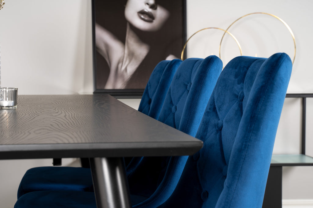 Dipp matbord 180x90 cm svart faner med svarta ben och mässing dipp med 6 Velvet Deluxe stolar blå/matt mässingsben