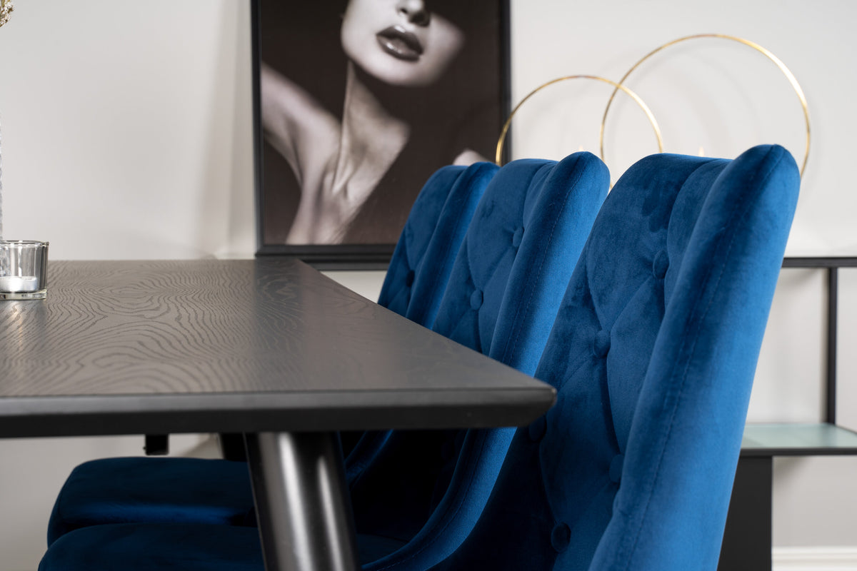 Dipp matbord 180x90 cm svart faner med svarta ben och mässing dipp med 6 Velvet Deluxe stolar blå/matt mässingsben