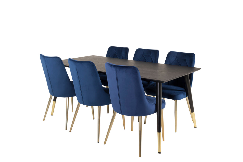 Dipp matbord 180x90 cm svart faner med svarta ben och mässing dipp med 6 Velvet Deluxe stolar blå/matt mässingsben
