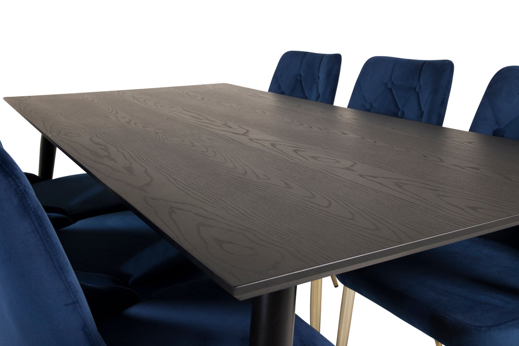 Dipp matbord 180x90 cm svart faner med svarta ben och mässing dipp med 6 Velvet Deluxe stolar blå/matt mässingsben
