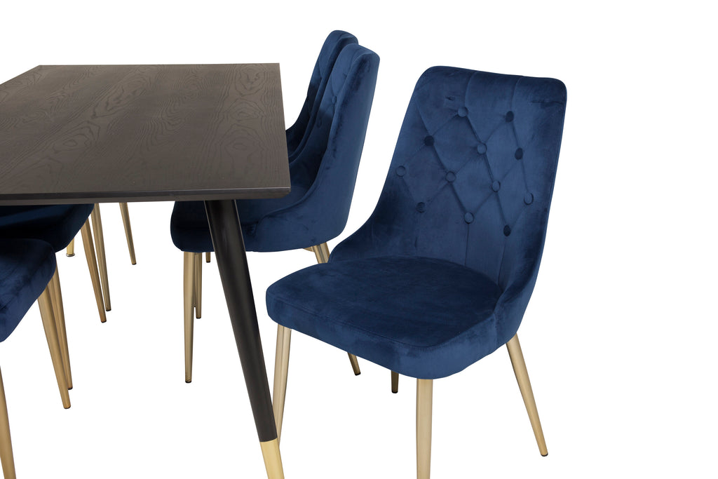 Dipp matbord 180x90 cm svart faner med svarta ben och mässing dipp med 6 Velvet Deluxe stolar blå/matt mässingsben