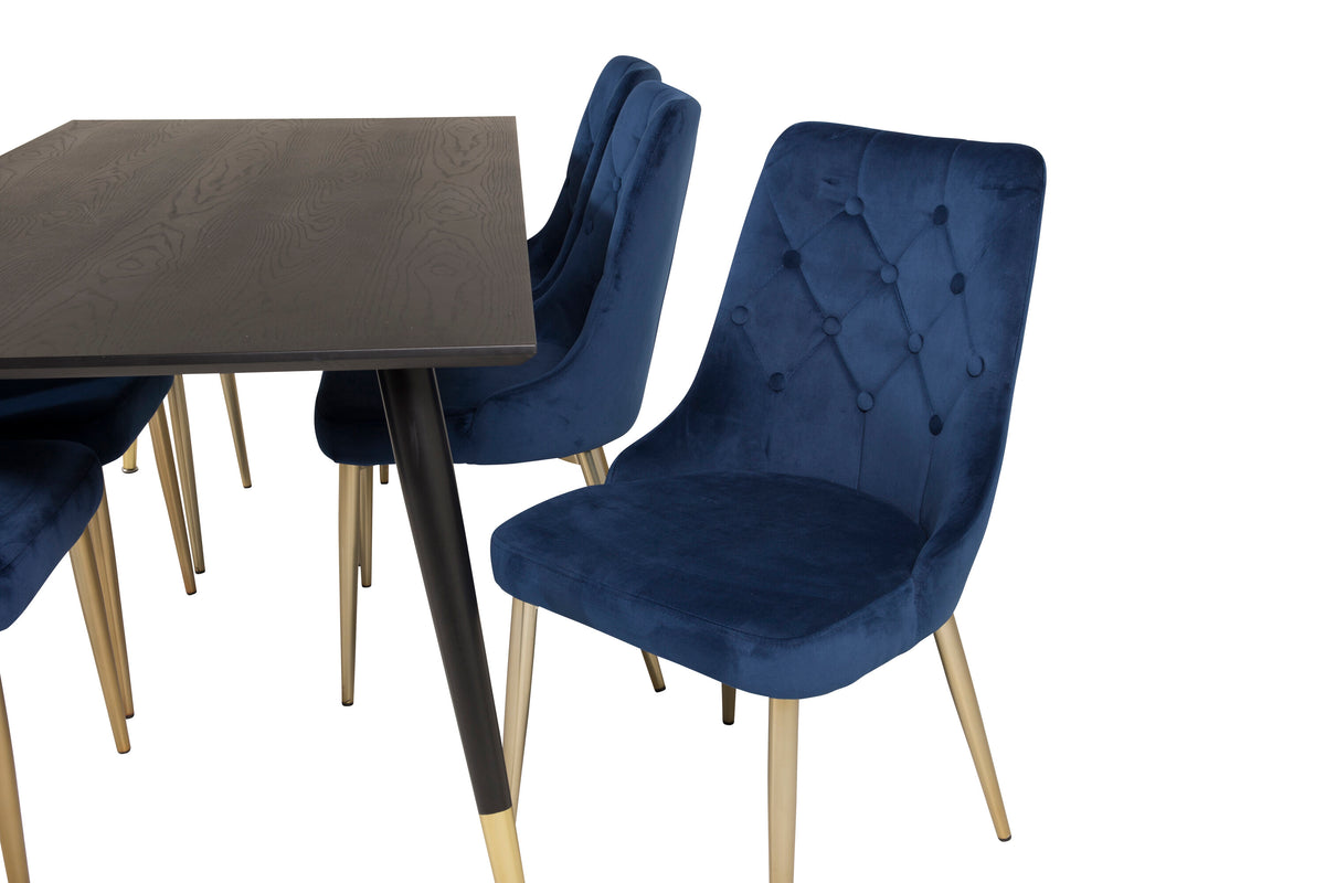 Dipp matbord 180x90 cm svart faner med svarta ben och mässing dipp med 6 Velvet Deluxe stolar blå/matt mässingsben