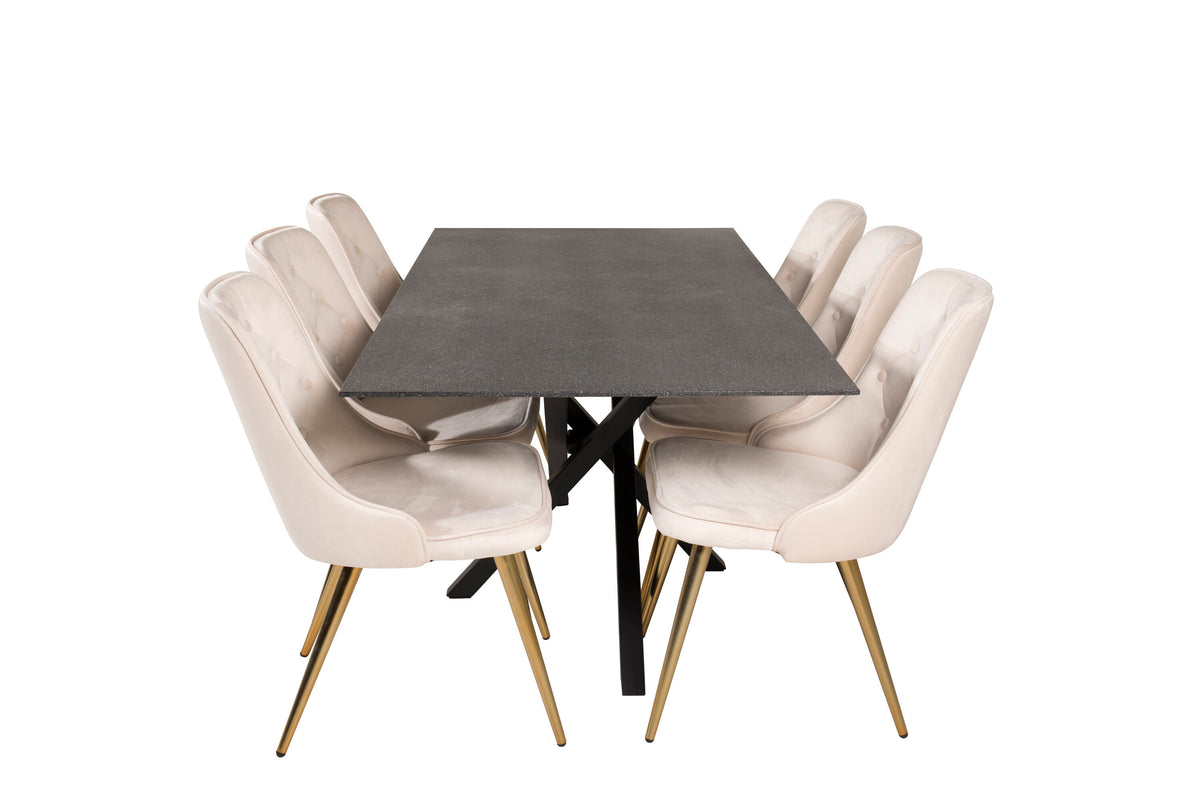 Piazza matbord spraystone/svart 180x90 med 6 Velvet Deluxe matstolar borstade mässingsben/beige sammet