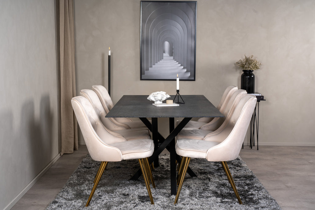 Piazza matbord spraystone/svart 180x90 med 6 Velvet Deluxe matstolar borstade mässingsben/beige sammet