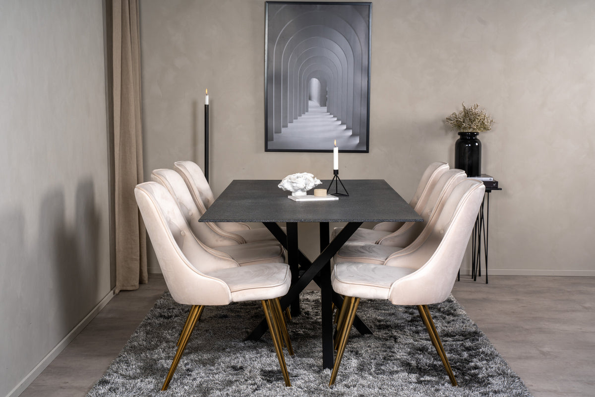 Piazza matbord spraystone/svart 180x90 med 6 Velvet Deluxe matstolar borstade mässingsben/beige sammet