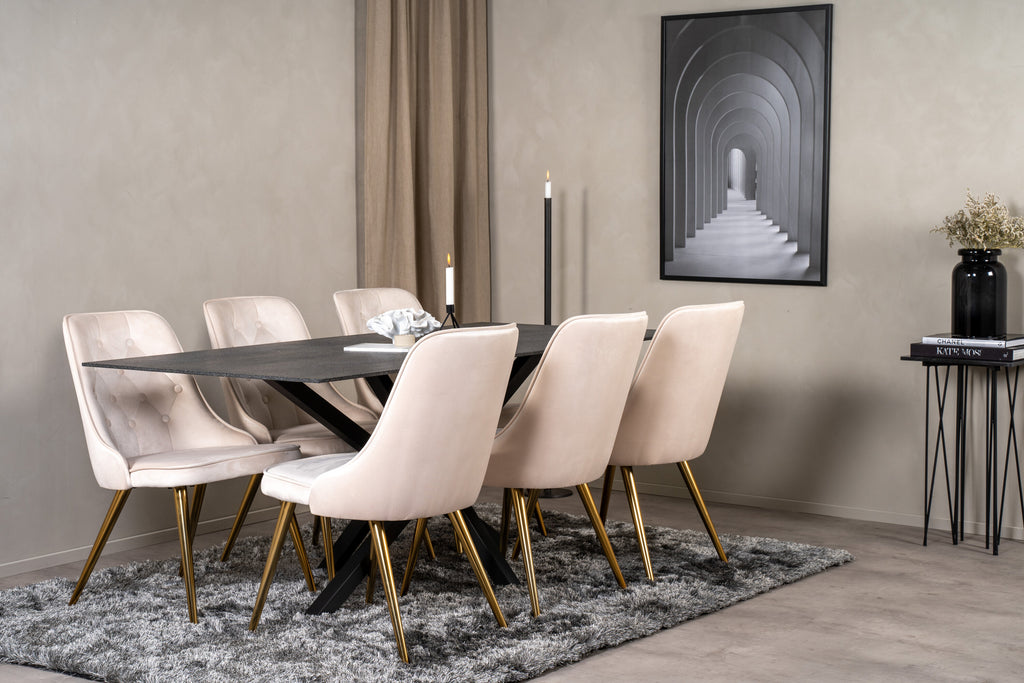 Piazza matbord spraystone/svart 180x90 med 6 Velvet Deluxe matstolar borstade mässingsben/beige sammet