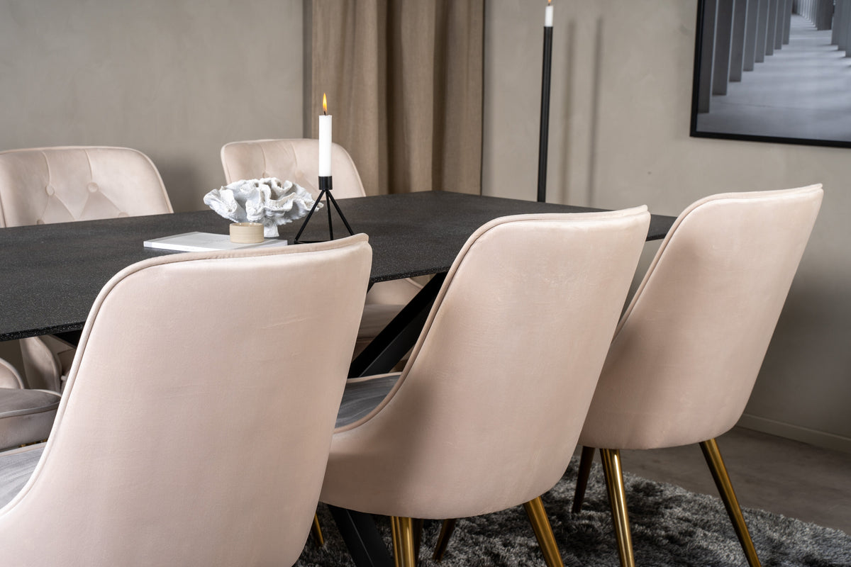 Piazza matbord spraystone/svart 180x90 med 6 Velvet Deluxe matstolar borstade mässingsben/beige sammet