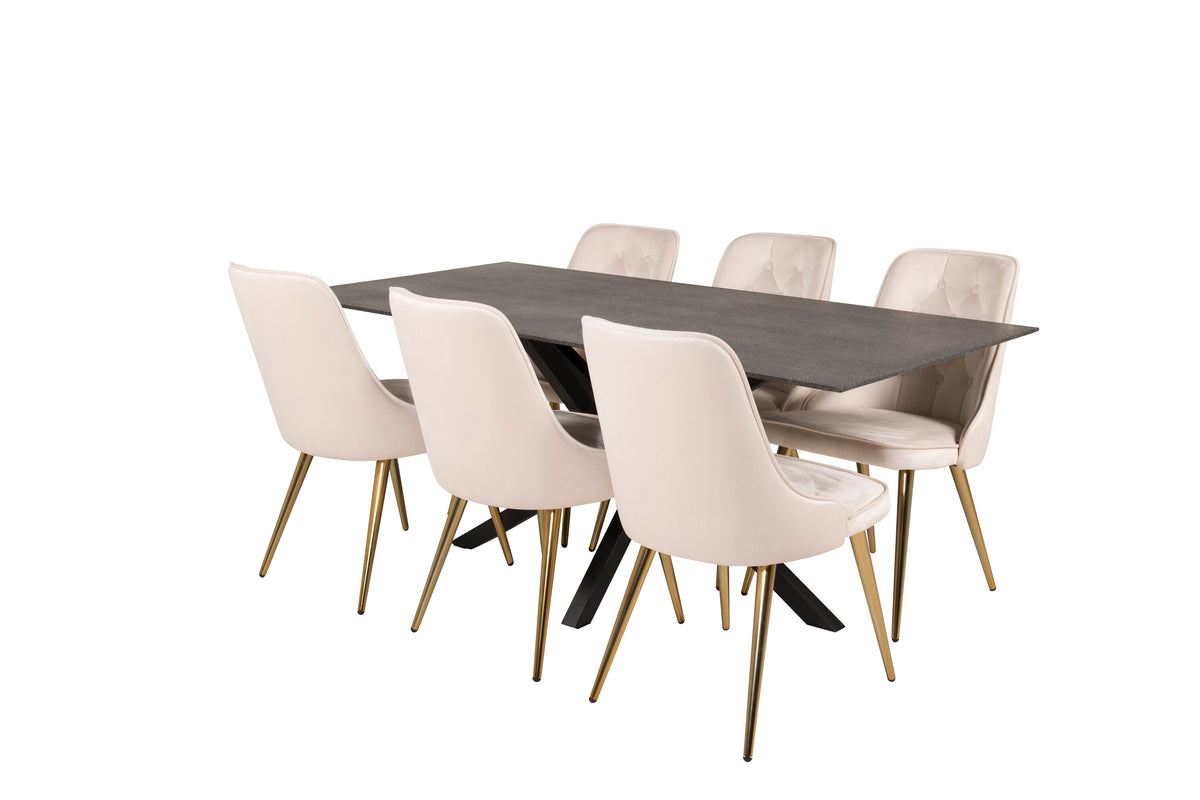 Piazza matbord spraystone/svart 180x90 med 6 Velvet Deluxe matstolar borstade mässingsben/beige sammet
