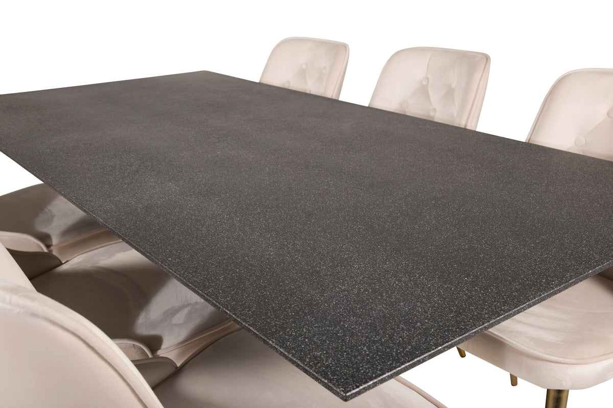 Piazza matbord spraystone/svart 180x90 med 6 Velvet Deluxe matstolar borstade mässingsben/beige sammet
