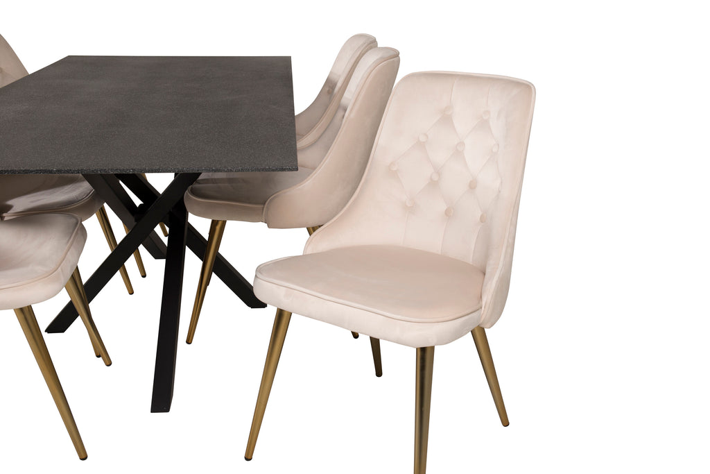 Piazza matbord spraystone/svart 180x90 med 6 Velvet Deluxe matstolar borstade mässingsben/beige sammet