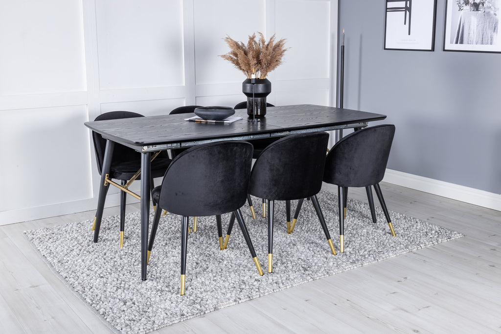 Gold utdragbart bord svart faner/svarta ben med mässingsdetaljer 180/220x85xH76 med 6 Velvet matstolar mässing svart/svart