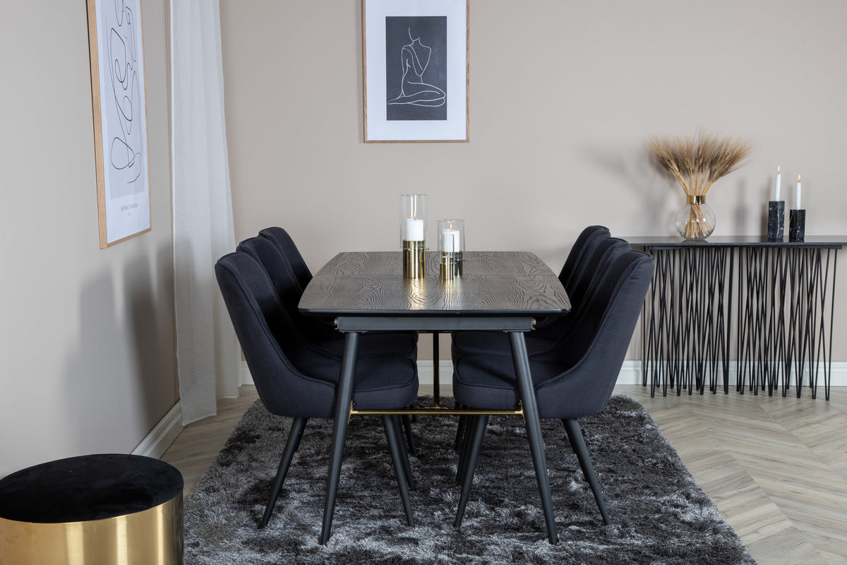 Gold utdragbart matbord 180/220x85xH76 svart faner med svarta ben och mässingsdetaljer med 6 Velvet Deluxe matstolar svarta ben/svart tyg