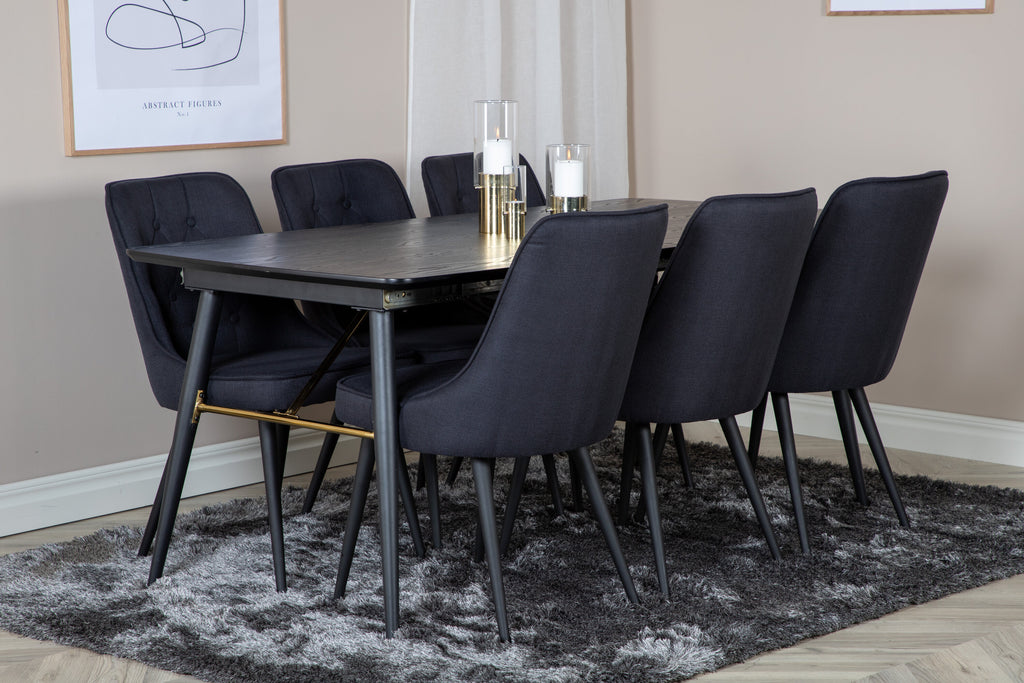 Gold utdragbart matbord 180/220x85xH76 svart faner med svarta ben och mässingsdetaljer med 6 Velvet Deluxe matstolar svarta ben/svart tyg