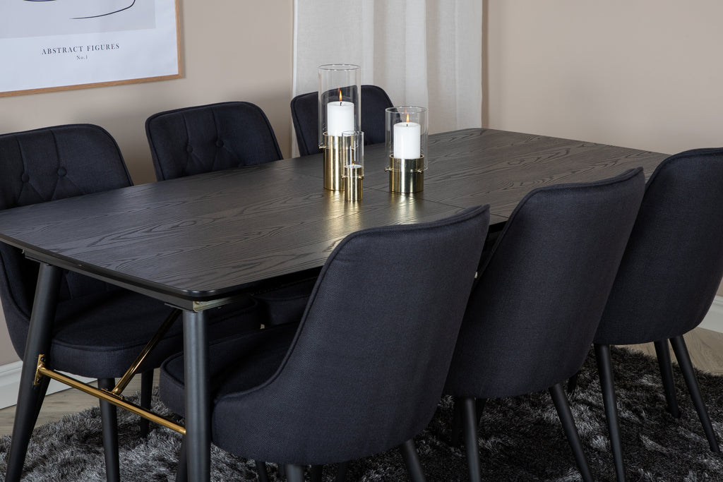 Gold utdragbart matbord 180/220x85xH76 svart faner med svarta ben och mässingsdetaljer med 6 Velvet Deluxe matstolar svarta ben/svart tyg