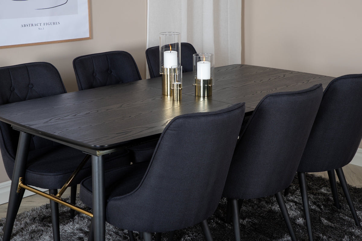 Gold utdragbart matbord 180/220x85xH76 svart faner med svarta ben och mässingsdetaljer med 6 Velvet Deluxe matstolar svarta ben/svart tyg