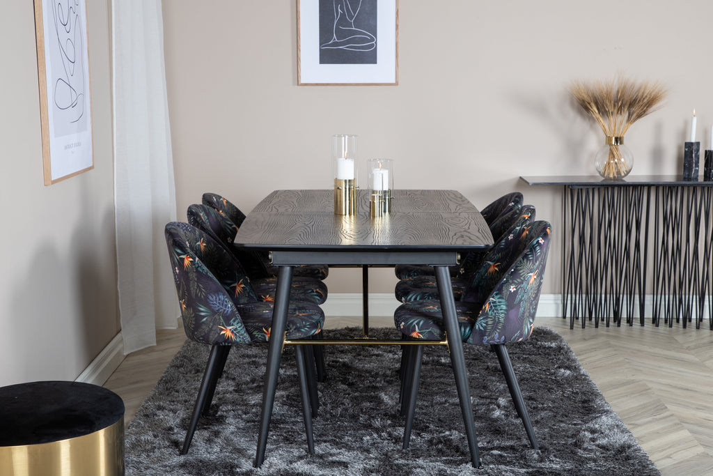 Gold utdragbart bord 180/220x85xH76 svart faner med svarta ben och mässingsdetaljer med 6 Velvet matstolar Black Flower tyg