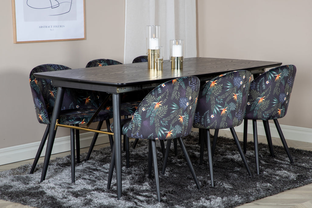Gold utdragbart bord 180/220x85xH76 svart faner med svarta ben och mässingsdetaljer med 6 Velvet matstolar Black Flower tyg