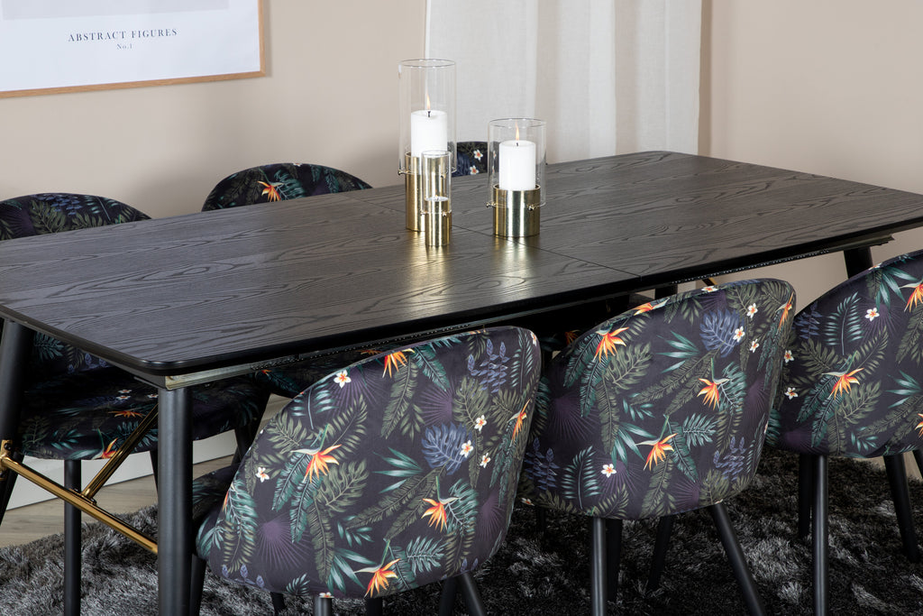 Gold utdragbart bord 180/220x85xH76 svart faner med svarta ben och mässingsdetaljer med 6 Velvet matstolar Black Flower tyg