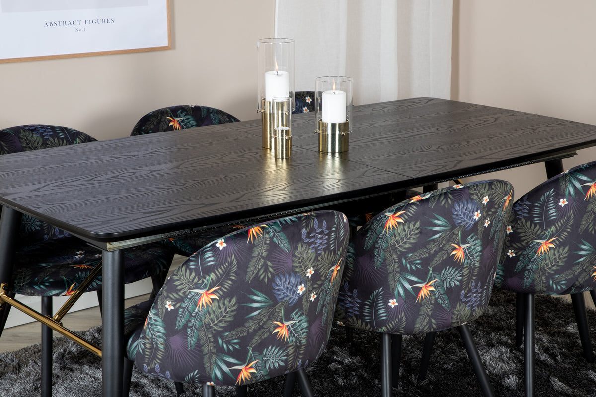 Gold utdragbart bord 180/220x85xH76 svart faner med svarta ben och mässingsdetaljer med 6 Velvet matstolar Black Flower tyg