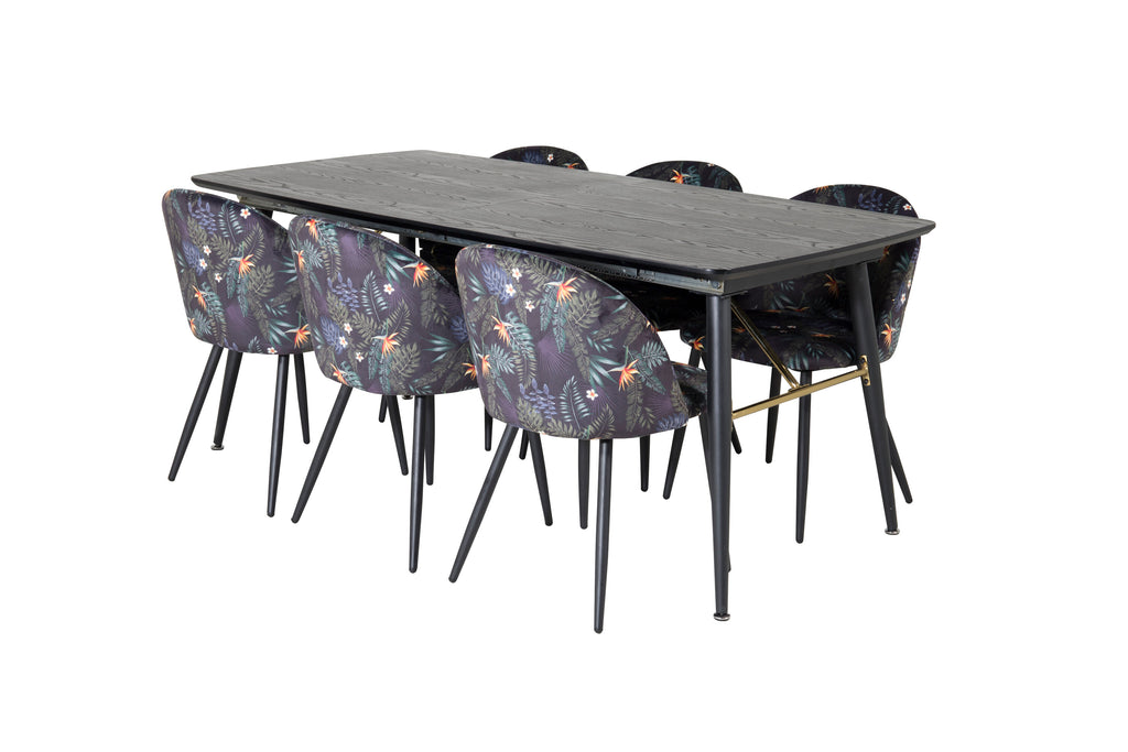 Gold utdragbart bord 180/220x85xH76 svart faner med svarta ben och mässingsdetaljer med 6 Velvet matstolar Black Flower tyg