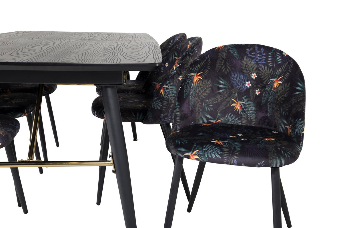 Gold utdragbart bord 180/220x85xH76 svart faner med svarta ben och mässingsdetaljer med 6 Velvet matstolar Black Flower tyg