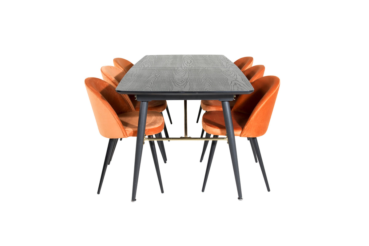 Gold utdragbart bord 180/220x85xH76 svart faner med svarta ben och mässingsdetaljer med 6 Velvet matstolar orange