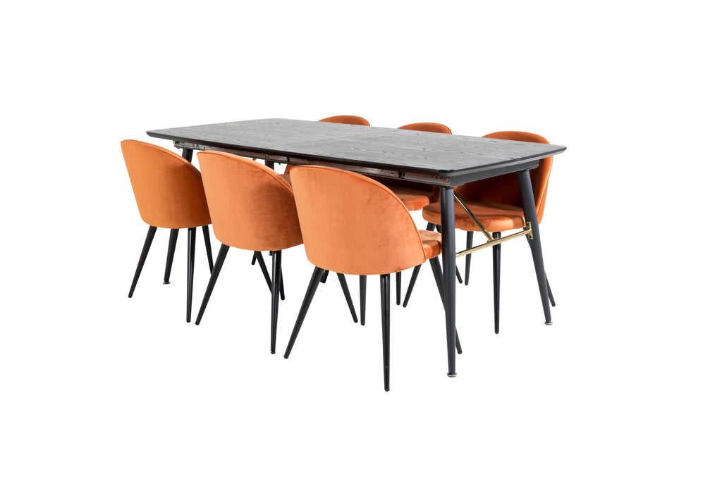 Gold utdragbart bord 180/220x85xH76 svart faner med svarta ben och mässingsdetaljer med 6 Velvet matstolar orange