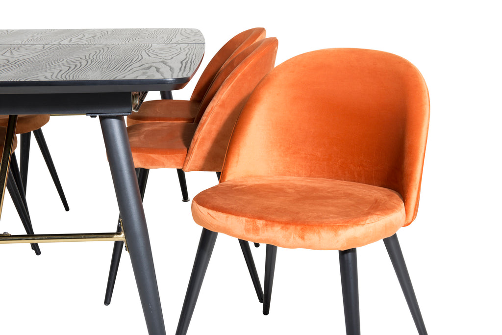 Gold utdragbart bord 180/220x85xH76 svart faner med svarta ben och mässingsdetaljer med 6 Velvet matstolar orange